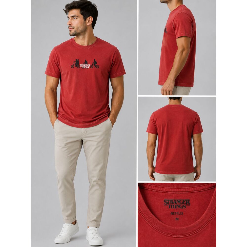 Stranger Things Netflix Graphic T-Shirt Red Kids Bike Scene Size L